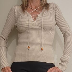 Crescent Lace-Up Ribbed Knit Top | Cream | Long Sleeve | XS | Nordstrom